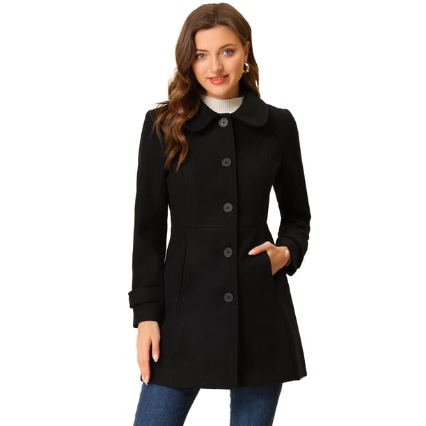Abrigo de Invierno Allegra K con Botón Delantero y Cuello Peter Pan Negro M