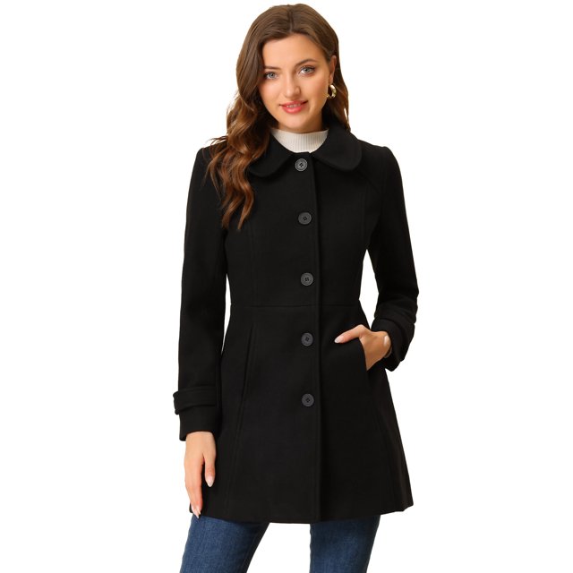Abrigo de Invierno Allegra K con Botón Delantero y Cuello Peter Pan Negro M