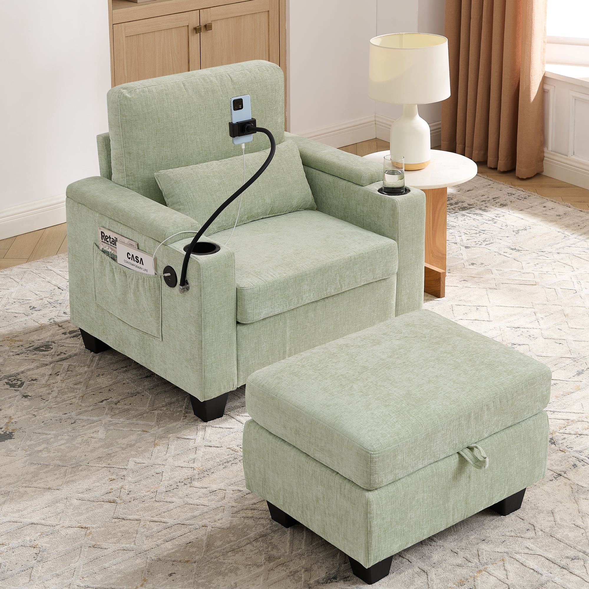Recliner Chair with Adjustable Backrest, Cup Holders, USB Charging Port, Phone Stand, Arm Storage and Storage Ottoman