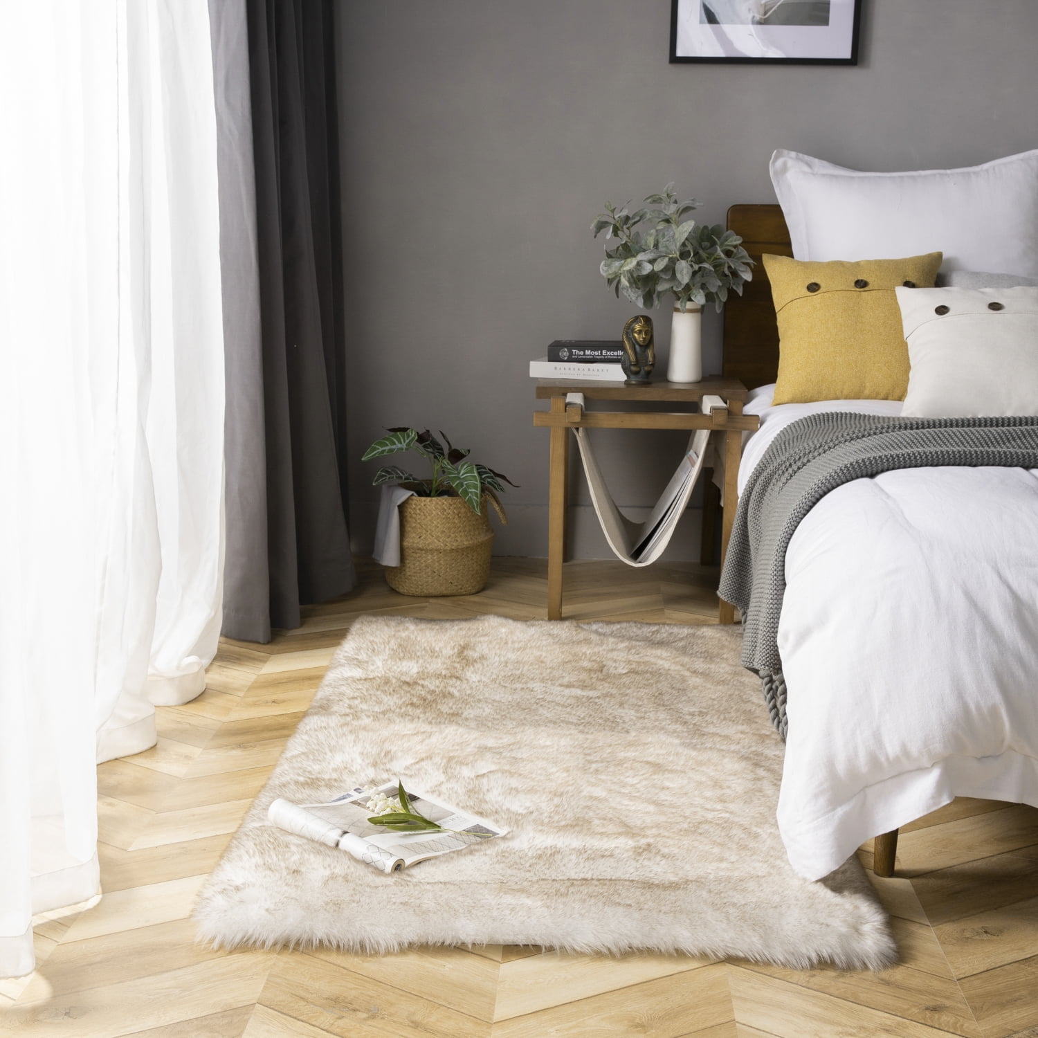 Phantoscope Ultra Soft Faux Fox Fur Series Decorative Indoor Area Rug 3x5 Feet Rectangle, White with Brown Tip, 1 Pack