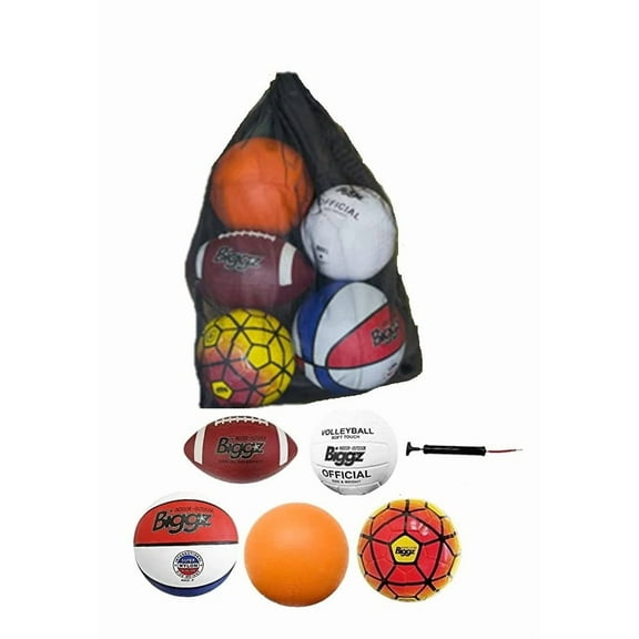 Biggz Bag of Sport Balls – Basketball, Soccer Ball, Football, Volleyball, Orange Playground Ball, and Pump