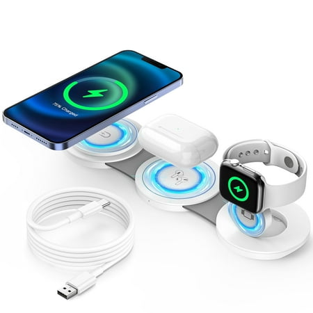 Magnetic Wireless Charger for iPhone, 3 in 1 Charging Station for Apple Devices, Mag-Safe Charger Stand for iPhone 15 14 13 12 Pro Max, Charging Pad for AirPods 3/2/Pro, Apple Watch 9/8/7/6/SE/5/4