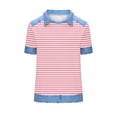 thumbnail image 4 of Dazajoo T-Shirts Gaufrés pour Femmes à Manches Courtes en Denim à Col à Revers, Chandails à Enfiler Décontractés à Imprimé Rayé, Col Ras du Cou, T-Shirts Graphiques, Rose, P, 4 of 5