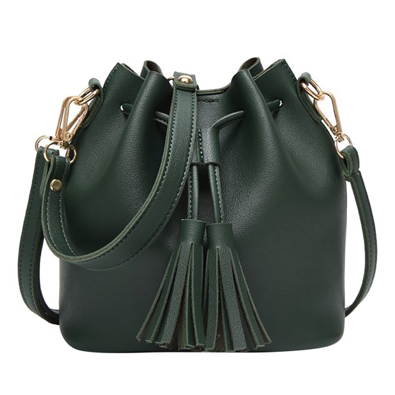 Otqutp Solid Color Single Shoulder Women's Tassel Messenger Bag Drawstring Crossbody Bag PU Leather Shoulder Bag for Casual Traveling Hiking(Green,One Size)