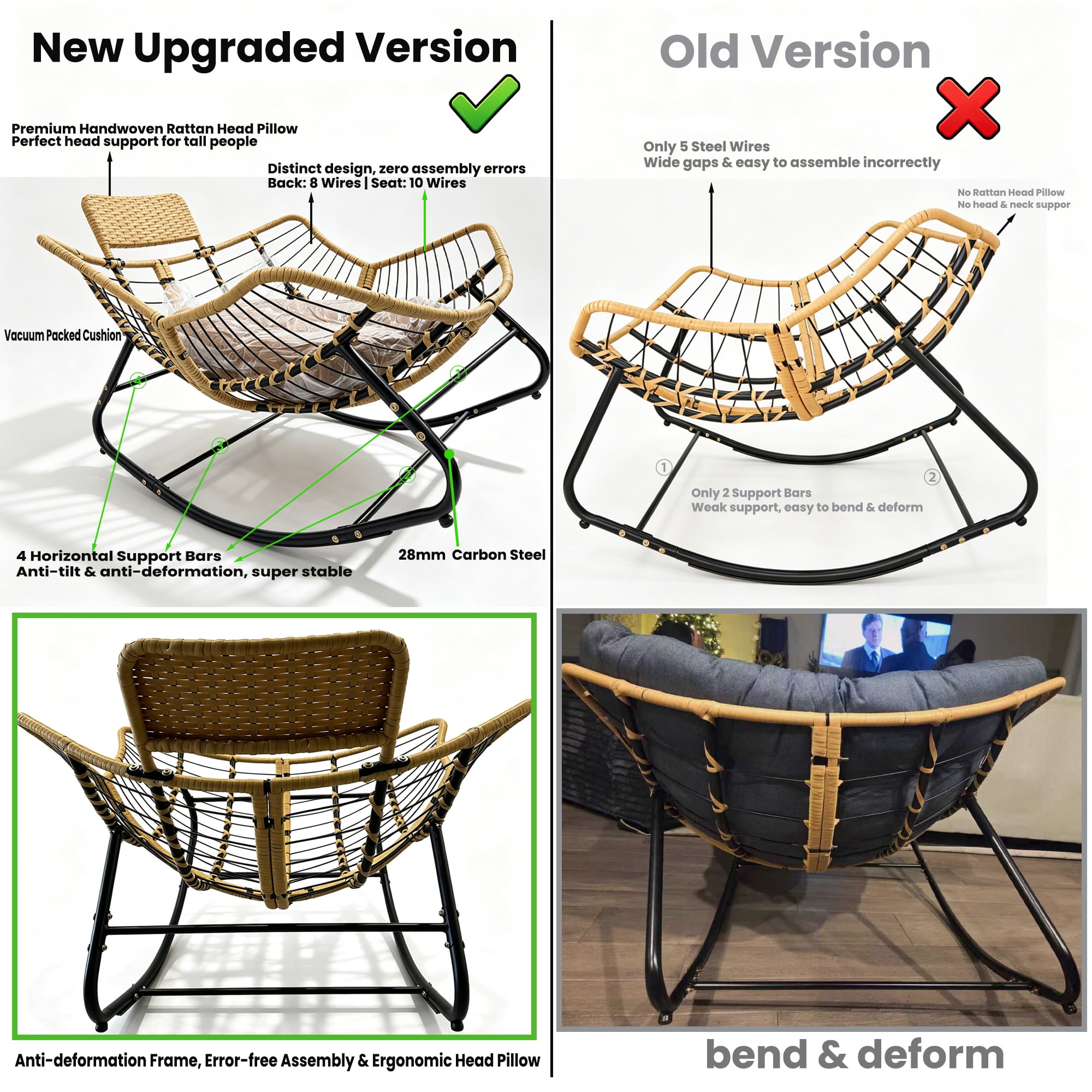 39.37" Rocking Chair Outdoor, Oversized Patio Egg Chair with Thick Cushion And Handwoven Rattan Head Pillow,Indoor Wicker Lounge Rocker Bed for Balcony, Porch, Garden, Dark Grey