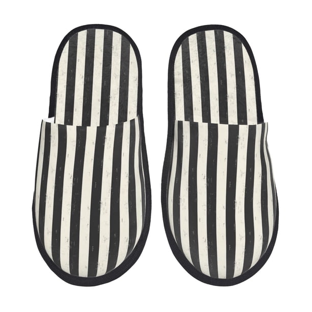 Fotbe Black And White Thick Stripes Pantuflas Peludas para Mujer con Estampado, Zapatillas de Peluche, Zapatos de Invierno para Casa, Uso Interior y Exterior-Medium