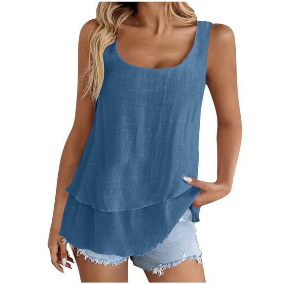 Cilsoka Womens Linen Tank Tops Summer Double Layer Scoop Neck Blouse Casual Loose Beach Sleeveless Linen Shirts