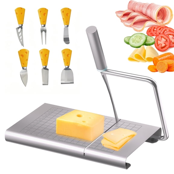 TUOSHUNGE Stainless Steel Wire Cheese Slicer Board with 6-Piece Cheese Knife Set, Charcuterie Gift Set for Housewarming & Party