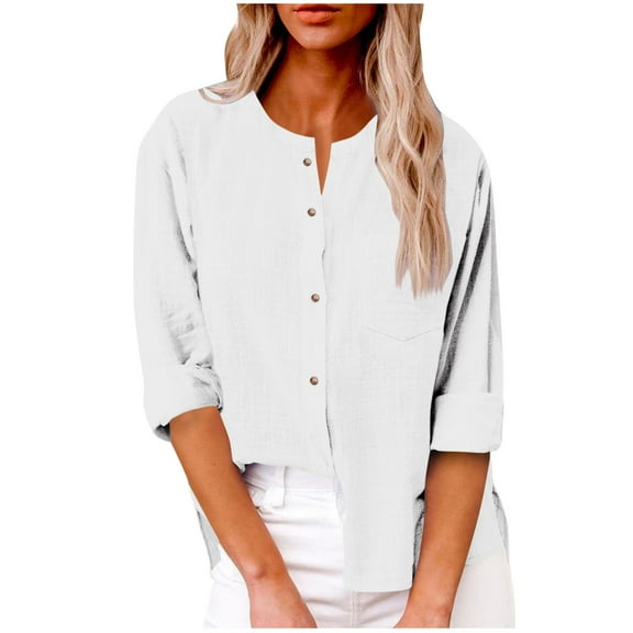 UAMVSH Cotton Linen Shirts for Women Lightweight Button down Long Sleeve Blouses Casual Vacation Work Dressy Tops with Pockets(X-Large,White)