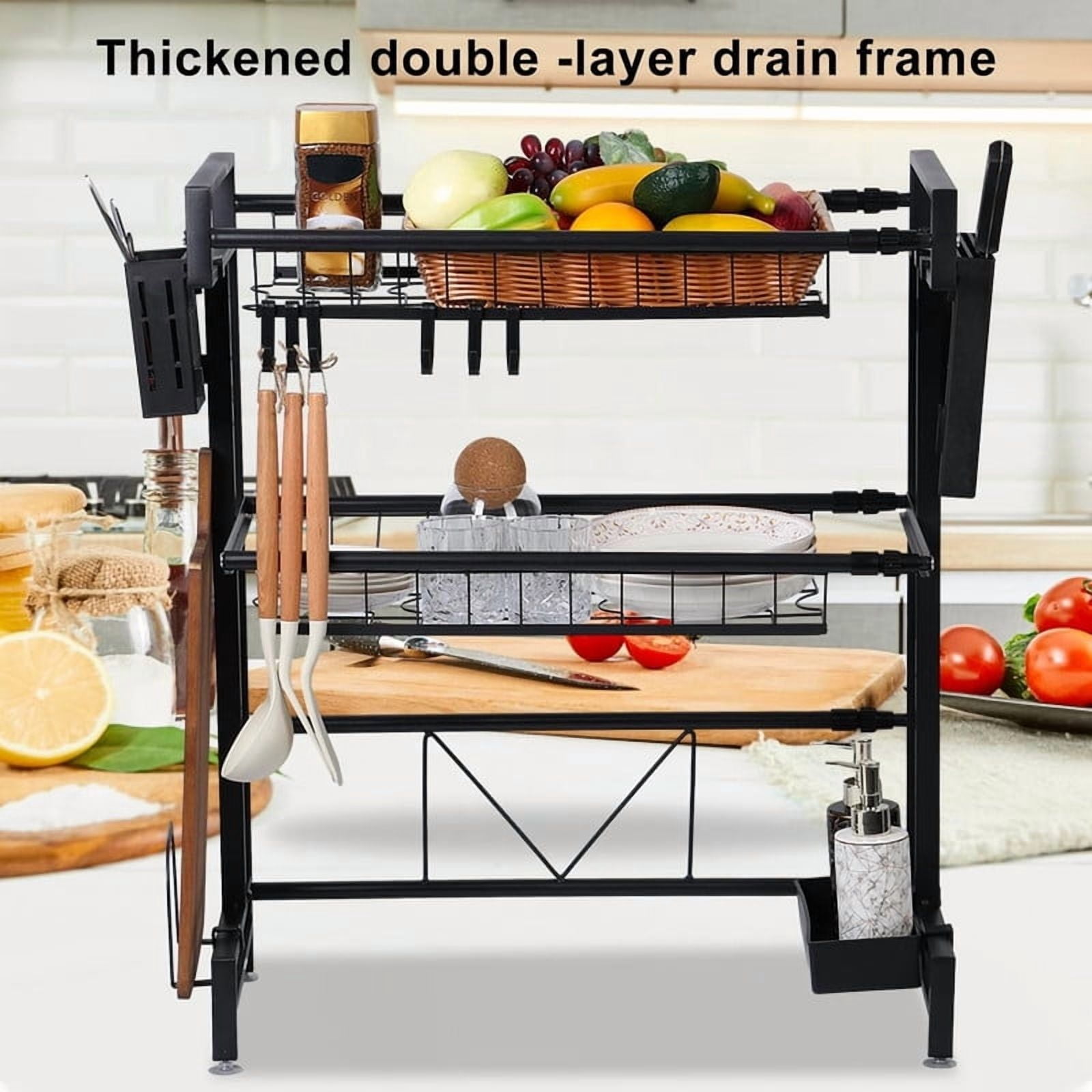 Over The Sink Dish Drying Rack, Telescopic 2 Tier Large Capacity Dish Rack, Sink Organize Stand, Kitchen Counter Storage Shelf Supplies for Plates Bowls Pots