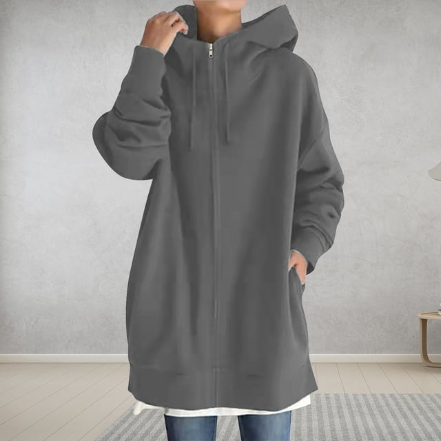Puntoco Sudadera con capucha de color sólido para mujer Sudaderas de manga larga con cremallera Abrigo largo Tops con bolsillos Liquidación Puntoco Puntoco-4091