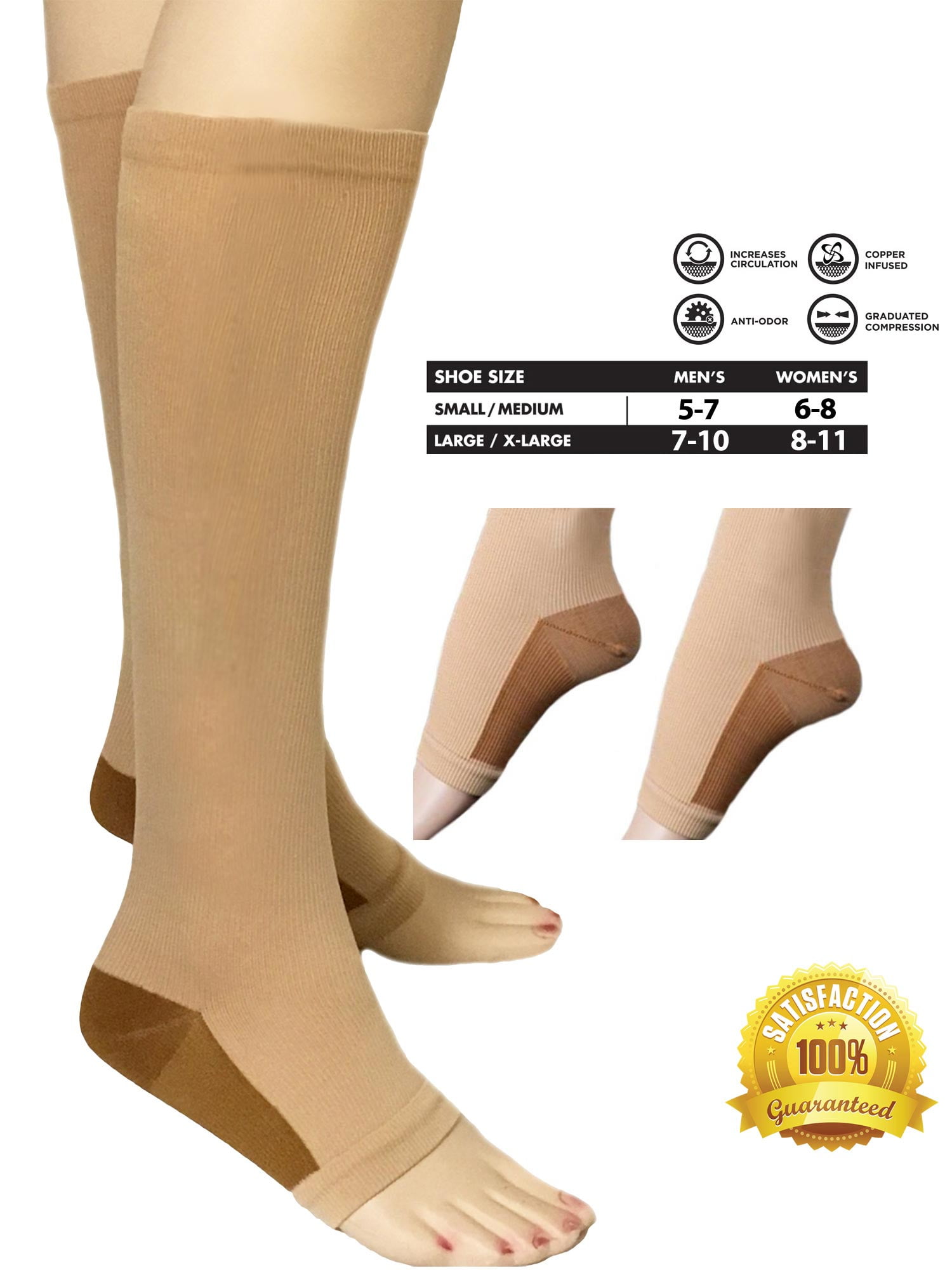 Compression Stockings Copper Infused Open Toe Support Stocking Socks Beige for Women & Men Free