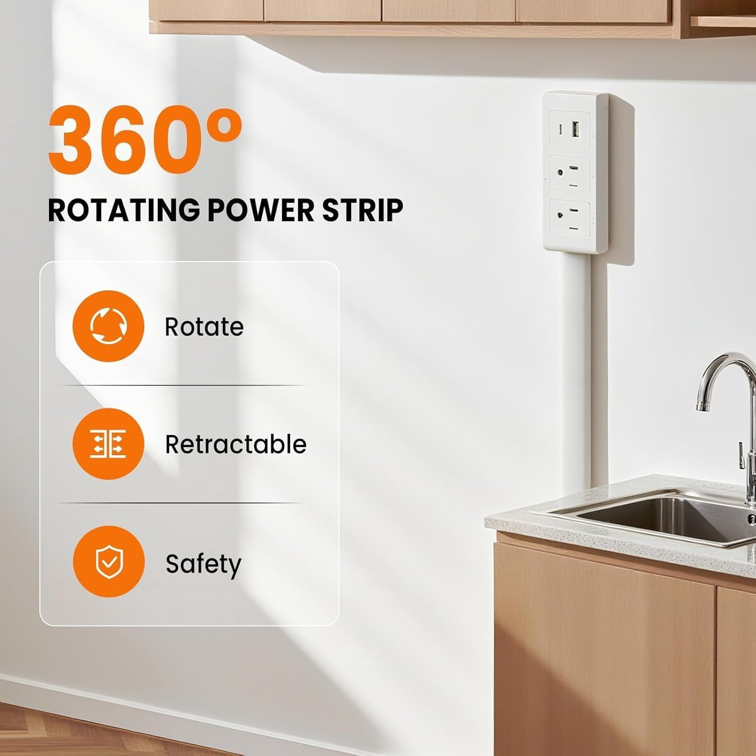 Electrical Outlet Extender Stick,180° Rotating Extendable Wall Outlet for Hard to Reach Places,Rotating Plug Power Hub for Bedroom, Living Room, Office