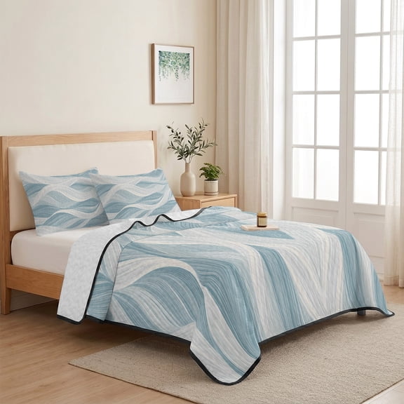 Blue Wave Twin XL Size Quilt Set Lightweight Bedspread Coverlet Set, Modern Abstract Art Gradient Blue White Stripe Quilted Bedding Cover with 2 Pillow Shams for All Season Layering 68"x98"