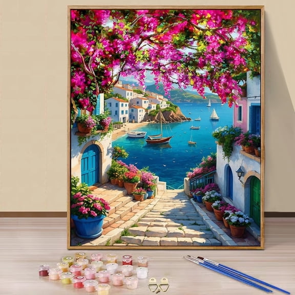 JYLMOOD Paint by Numbers for Adults Kits, DIY Easy Painting by Numbers for Gift Home Wall Decoration 16x20in without Frame - Seaside Town