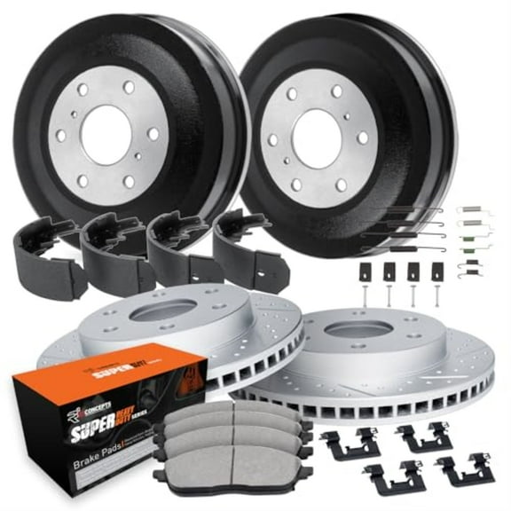 R1 Concepts Drilled and Slotted Carbon Coated Disc Brake Rotor and Drum Set with Super Duty Pads, Shoes, Adjuster, and Hardware WBXA2-40019