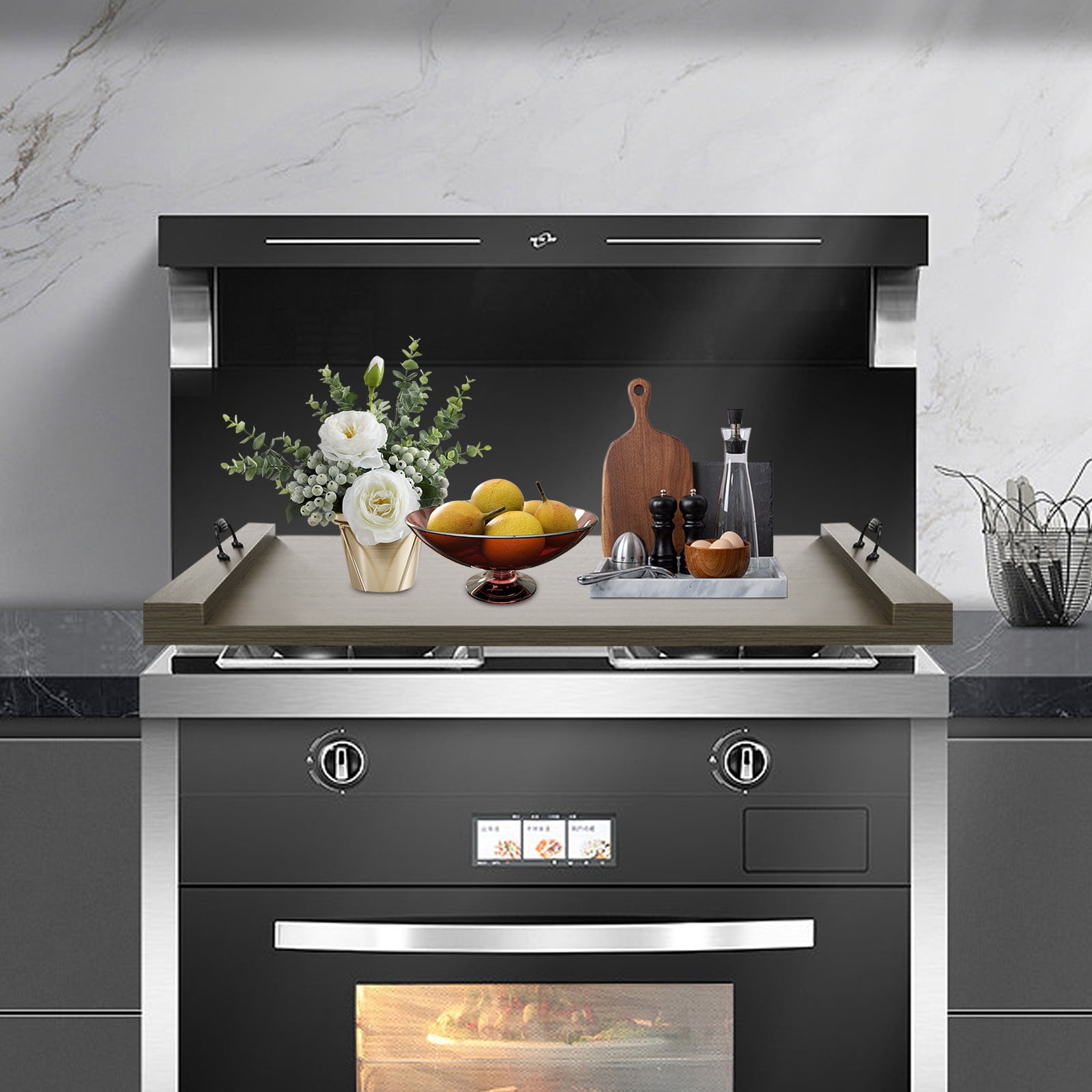 Peakora Wood Stove Top Cover Multifunctional Noodle Board Stove Cover with Handles 30*22*1.2in Cooktop Cover for Electric Stove Gas Stove Grey Color