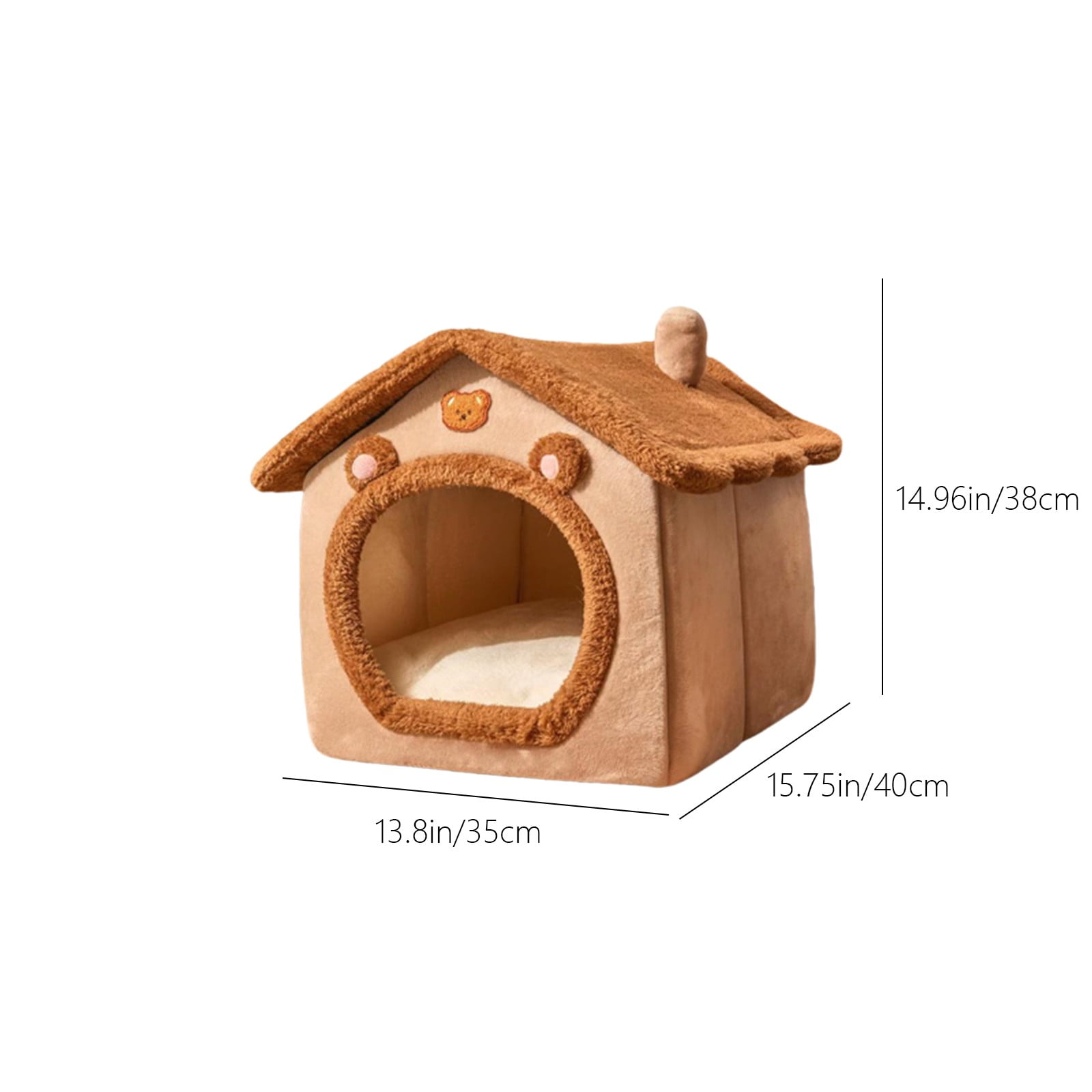 Foldable Indoor Dog & Cat House - Soft Plush Kennel Bed with Cushion, Warm Puppy Cave for Small to Large Pets, Non-Slip Bottom, Washable Cover, Brown, 15.75x17.7x17.7 Inches