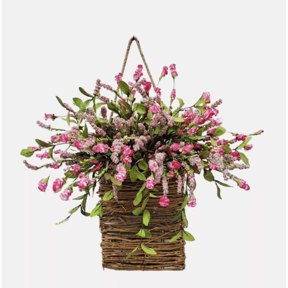Wildflower Door Hanger Basket Wreath Spring Summer Front Door Decor Artificial Flower Hanging Basket With Burlap Bow For Home Porch