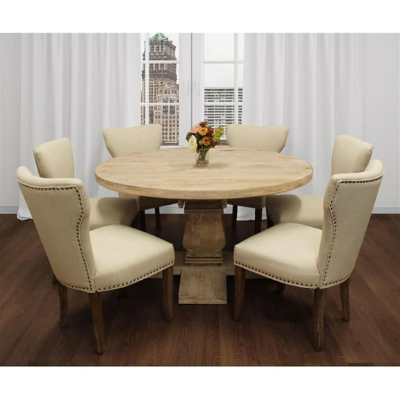 Benedict 7-Piece Dining Set with 58" Dining Table and 6 Ivory Upholstered Chairs