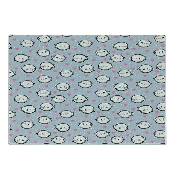 Narwhal Cutting Board, Cartoon Styled Whales with Polka Dots and Hearts Background Doodle Design, Decorative Tempered Glass Cutting and Serving Board, Small Size, Multicolor, by Ambesonne