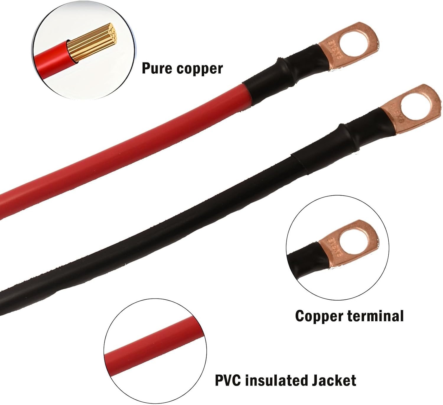 Battery Cable Set with Copper Wires, 12 inches, 6 AWG, 3/8" Lugs, Black & Red, For Motorcycle, Automotive, Marine, Solar, ATV, RV Batteries