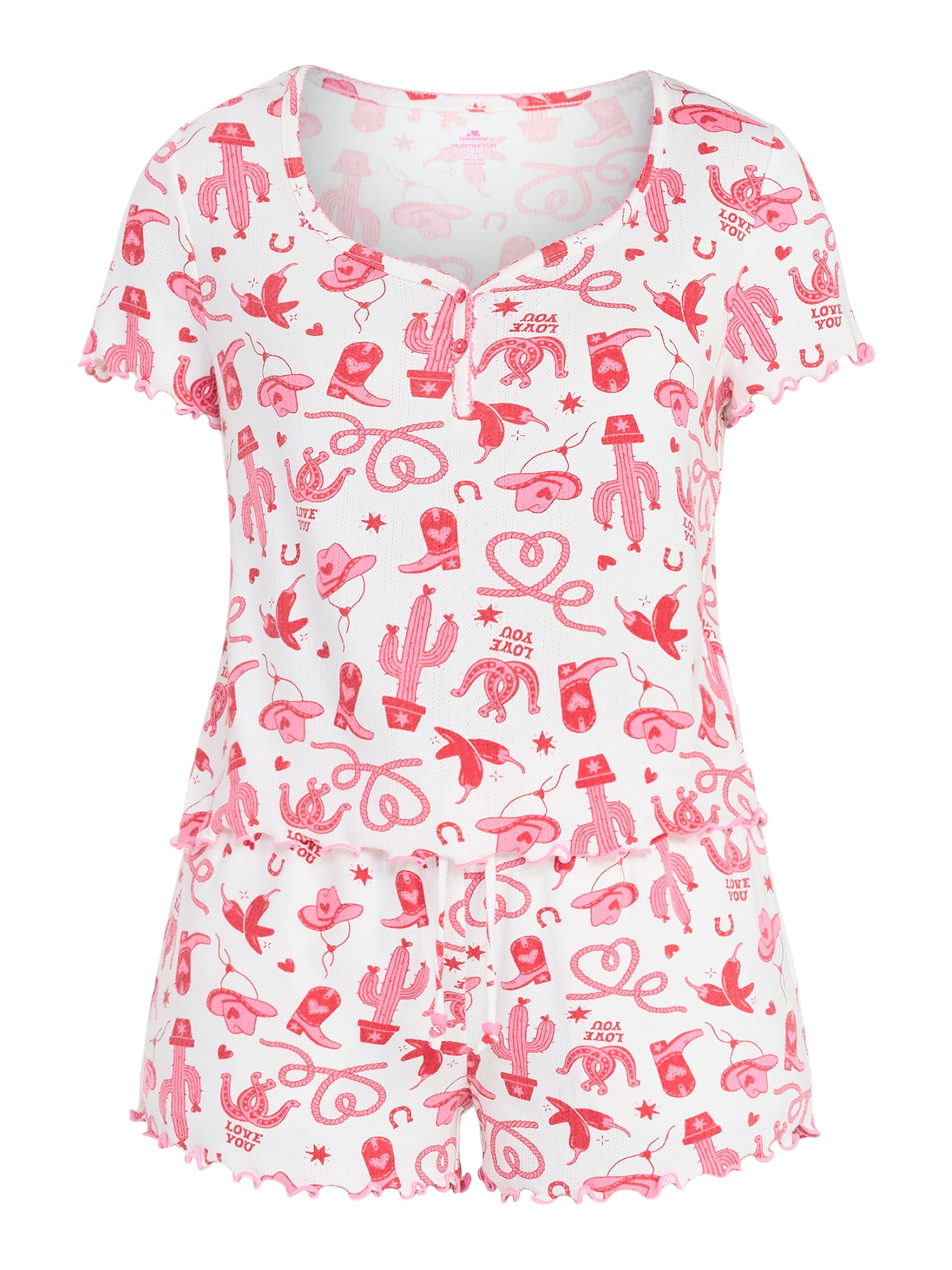 Valentine's Day Women's Knit Henley Top and Shorts Pajama Set from Way to Celebrate, 2-Piece, Sizes XS-3X
