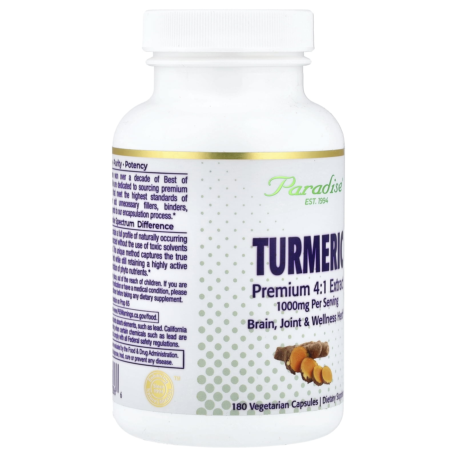 Paradise Herbs Turmeric, 180 Vegetarian Capsules (500 mg per Capsule)