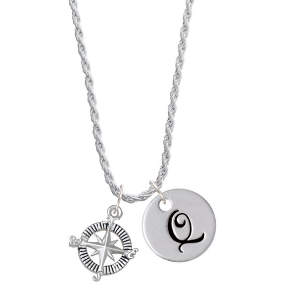Delight Jewelry Silvertone Compass Silvertone Script Initial Disc - Q - Charm Necklace, 20"+3"