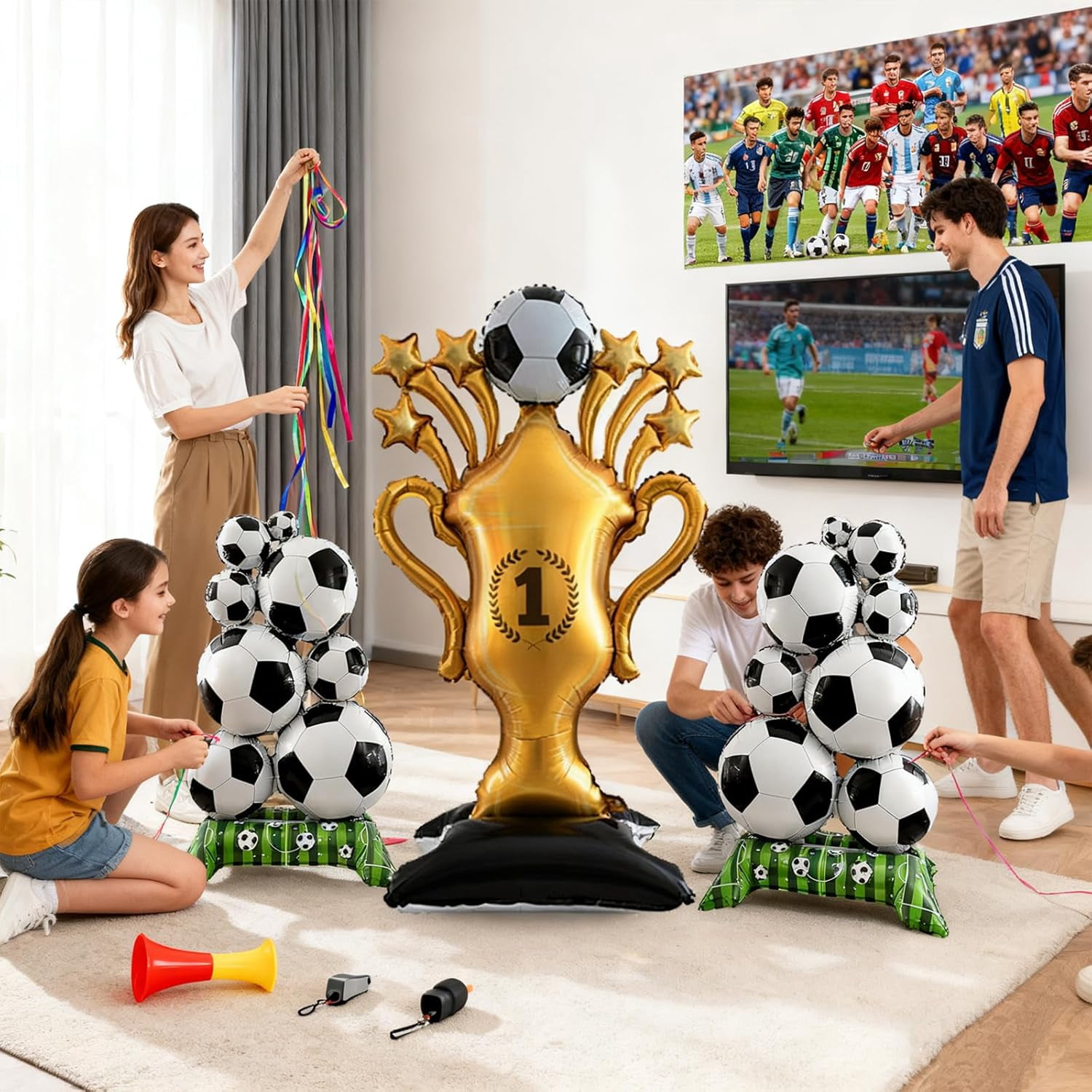 3Pcs Soccer Foil Balloons Set – Large Soccer & Trophy Balloons for Sports Theme Birthday Party, Soccer Fans Party Decorations