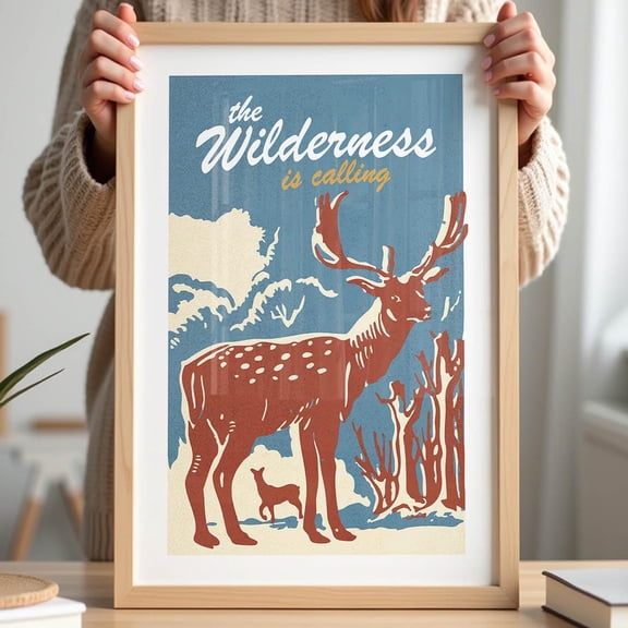 Fun Wilderness Print Retro Outdoors Art Gift For Friend Nature Art Deer Poster Cabin Wall Decor Outdoorsy Wall Art Fishing Hunting Camp Wall Art, Modern Wall Decor, 8x12 UNFRAMED