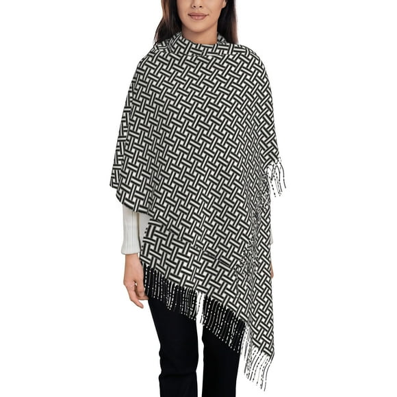 Women's Fashion Tassel Scarf, Black and White Stripes Long Shawl, Lightweight and Warm