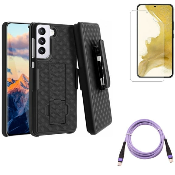 For Samsung Galaxy S21 (6.2") - Fast Charger Cord Type-C to USB-C Purple 10ft PD Cable   Swivel Holster Case Belt Clip   Anti-Glare TPU Film Matte Screen Protector