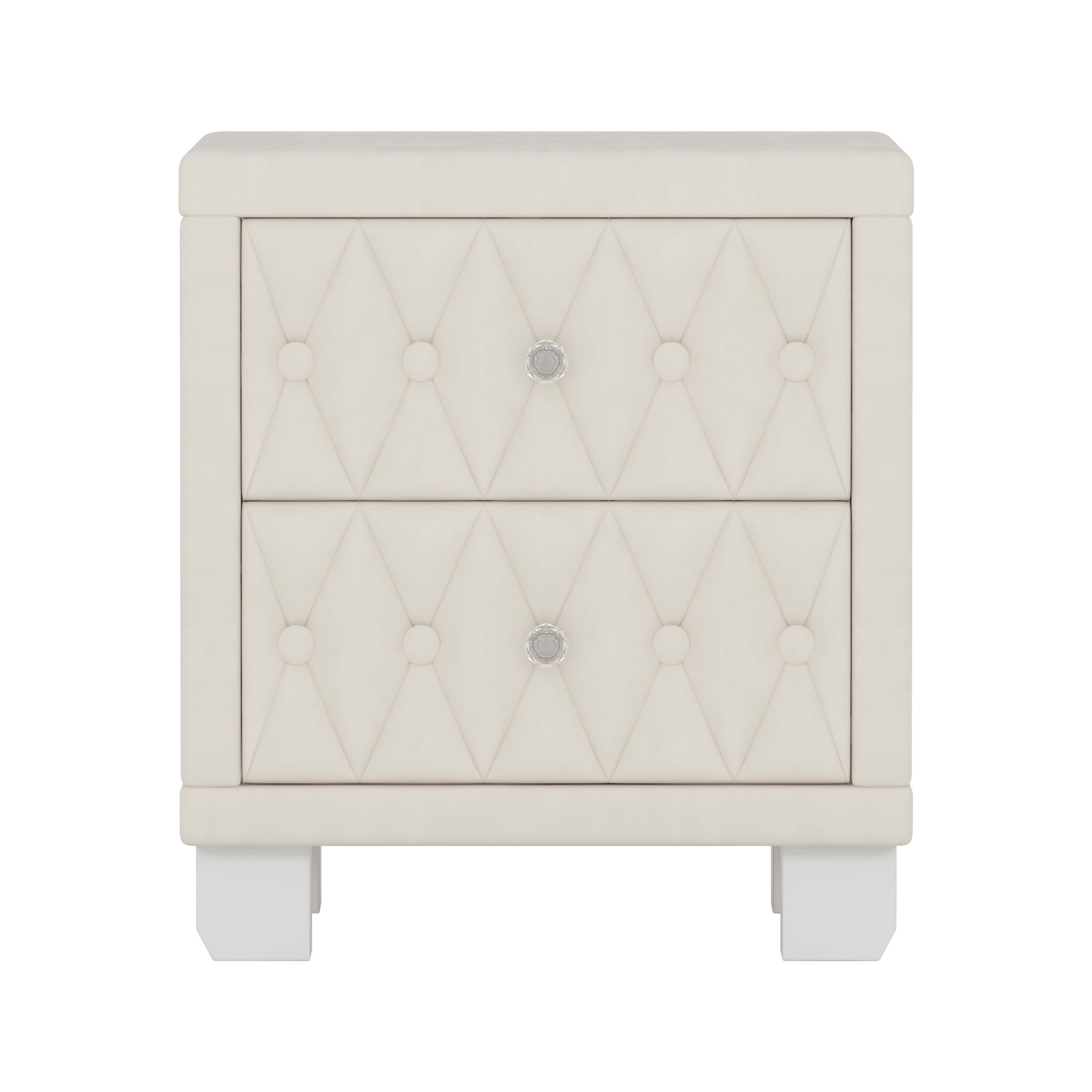 Noble House Velvet Nightstand with Button-Tufted Design, 2 Drawers and Crystal Handles, Beige