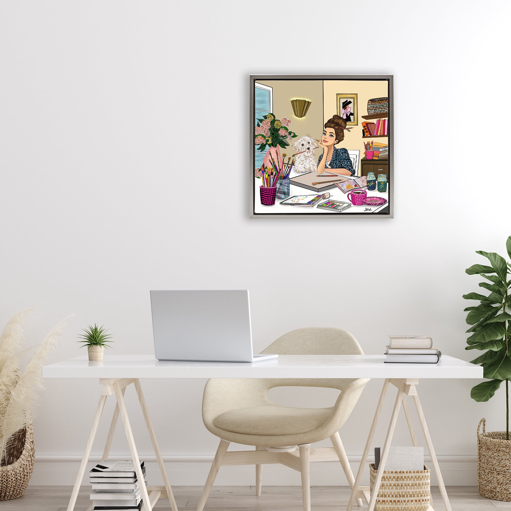 Stupell Industries Creative Art Girl at Desk Gray Framed Floater Canvas Wall Art, design by Tara Boone