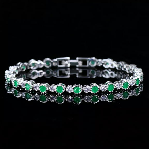 Charming Silver Plated Green Cubic Zirconia Round Thin Crystal Tennis Bracelet