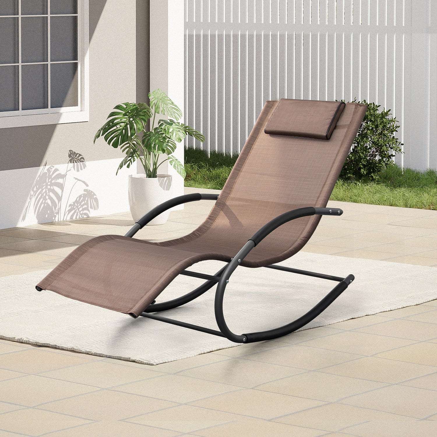 Pellebant Brown Patio Rocking Curved Rocker Chaise Lounge Chair with