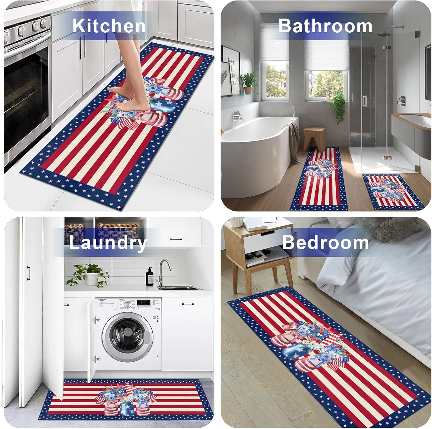 Memorial Day Kitchen Rugs and Mats Set of 2, America Poppy Floral in Bottle Non-Slip Floor Doormat Comfort Area Runner Rug and Mat, Star Striped Indoor Entrance Carpet Home Decor