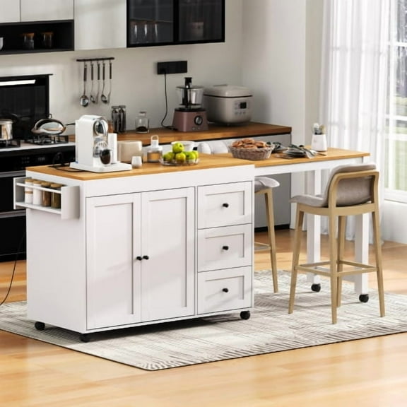 74.8" Kitchen Island with Extendable Dining Table, Kitchen Storage Cart with 3 Drawers, Power Outlet, Rolling Kitchen Island on Wheels with Spice Rack and 2 Door Cabinet, for Kitchen, White