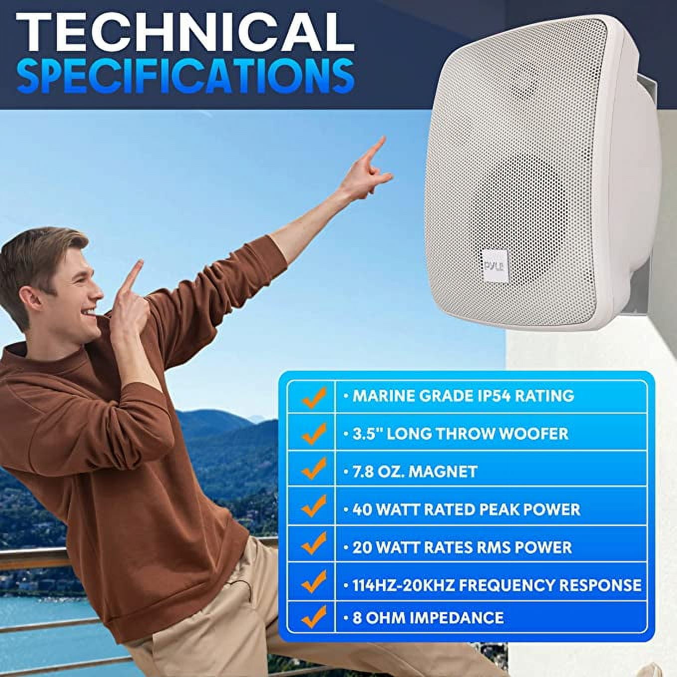 Pyle Outdoor Patio Speaker - 3.5" 2-Way Weatherproof Wall/Ceiling Mounted Dual Speaker (White)