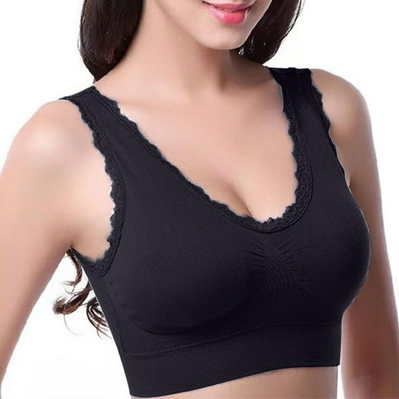VISALY, Ladies Lace Push-Up Bra, Women Solid Four Breasted Adjustable Wireless Bra Wireless Bra for Big Busted Women Sports Bra High Support super gather bra wireless push-up bra, Black,M