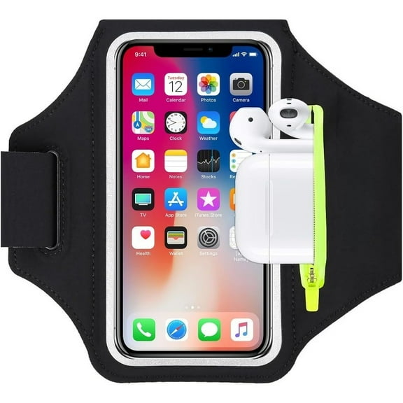Running Armband with Earphone Bag Cell Phone Armband for iPhone 16 15 Pro 14 Plus 13 11 XR XS, Galaxy S24/S10 Water Resistant Sports Phone Holder Case & Zipper Slot Car Key Holder for 6.7 inch Phone