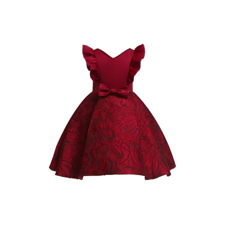

Toddler Girls Flower Jacquard Princess Dress Fly Sleeve V-neck Zipper Dresses with Bow