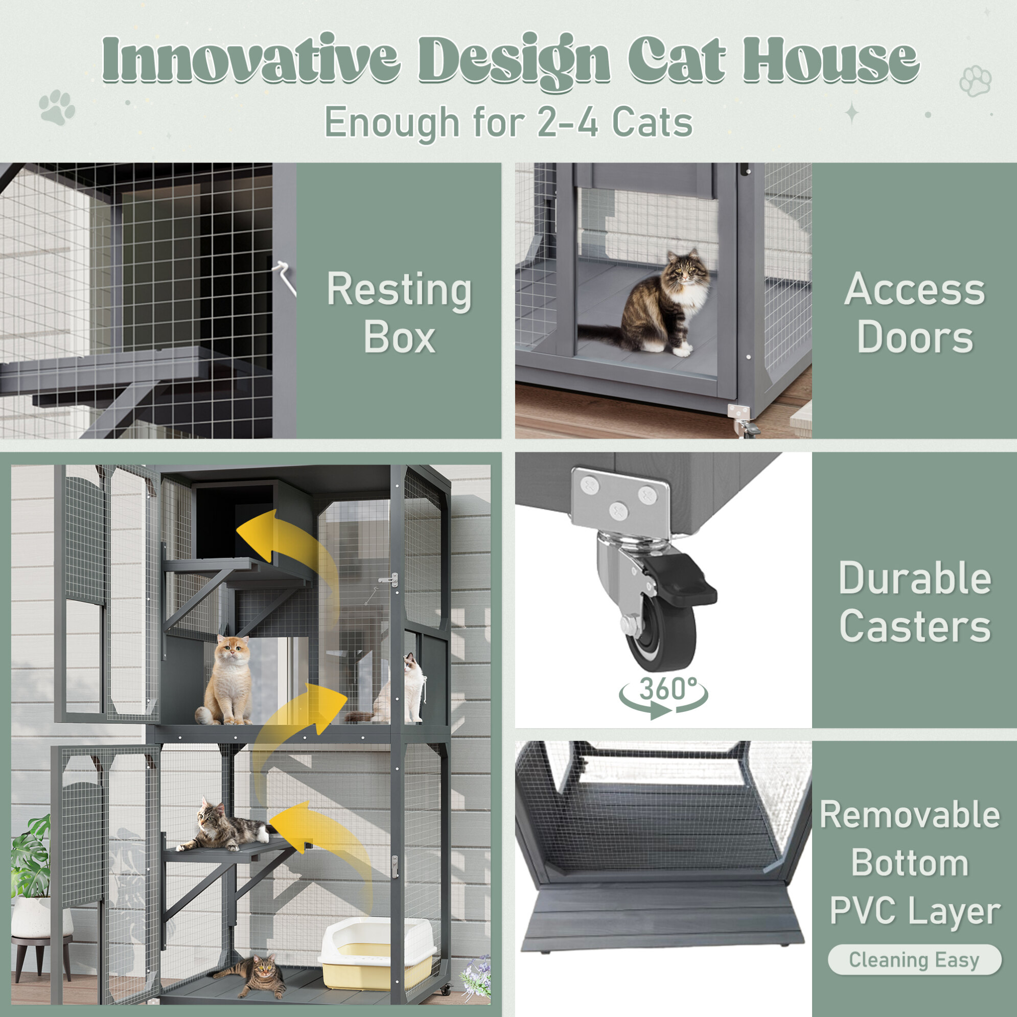 Outdoor Cat Enclosure with Window Access, 4-Tier Cat House with Wheels, Waterproof Roof and Resting Box for Large Indoor Cats, Gray
