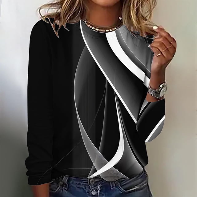 Honeeladyy - Jersey de cuello redondo estampado de moda para mujer, manga larga, informal, ideal como regalo para tu novia, esposa o mamá (negro, 5XL)
