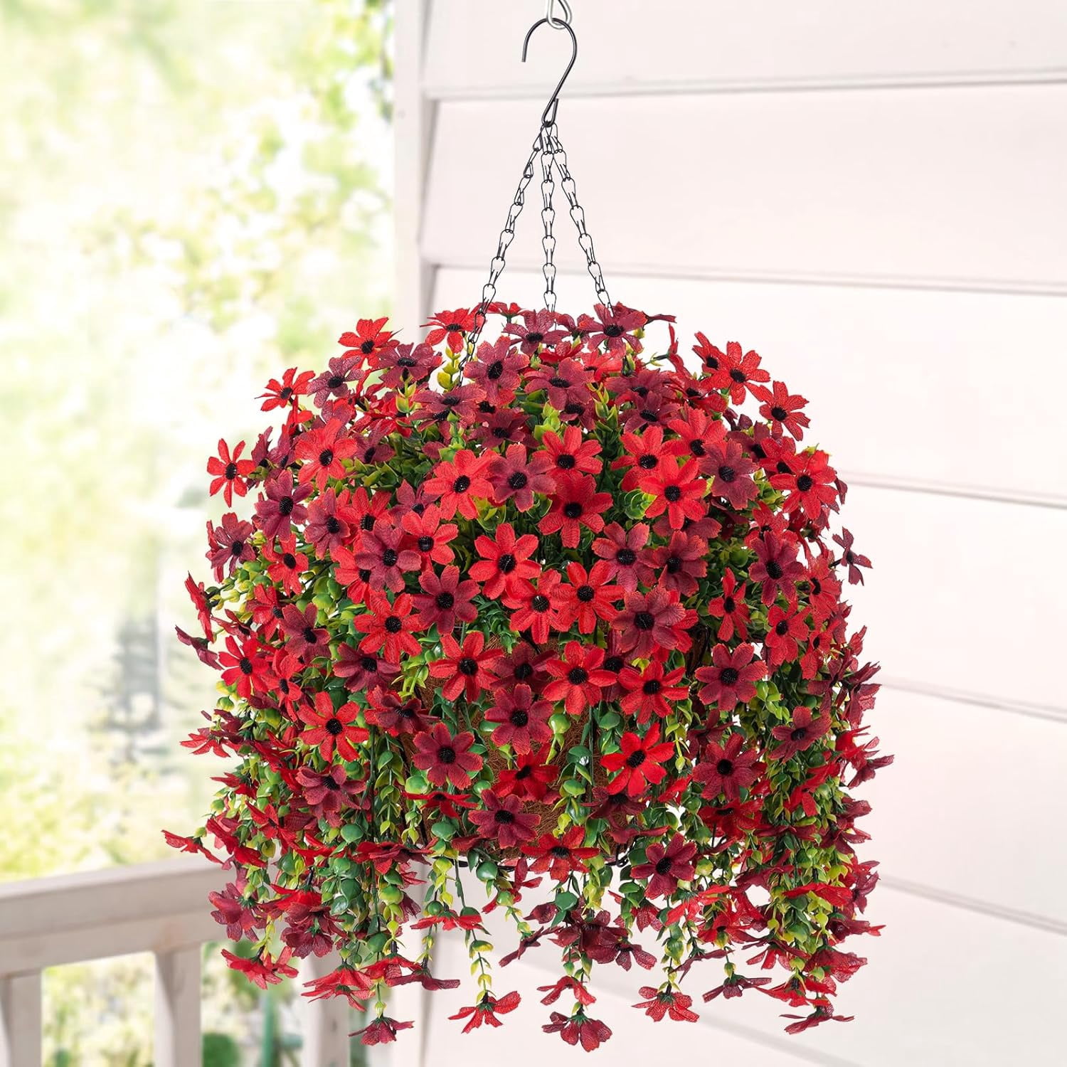 Artificial Fake Spring Hanging Flowers Plants with Basket Outdoor Flower Decor, Faux Silk Colorful Daisy in Metal Coconut Lining Pot Plastic Shrubs Decor Farmhouse Home Garden (Rose Pink)