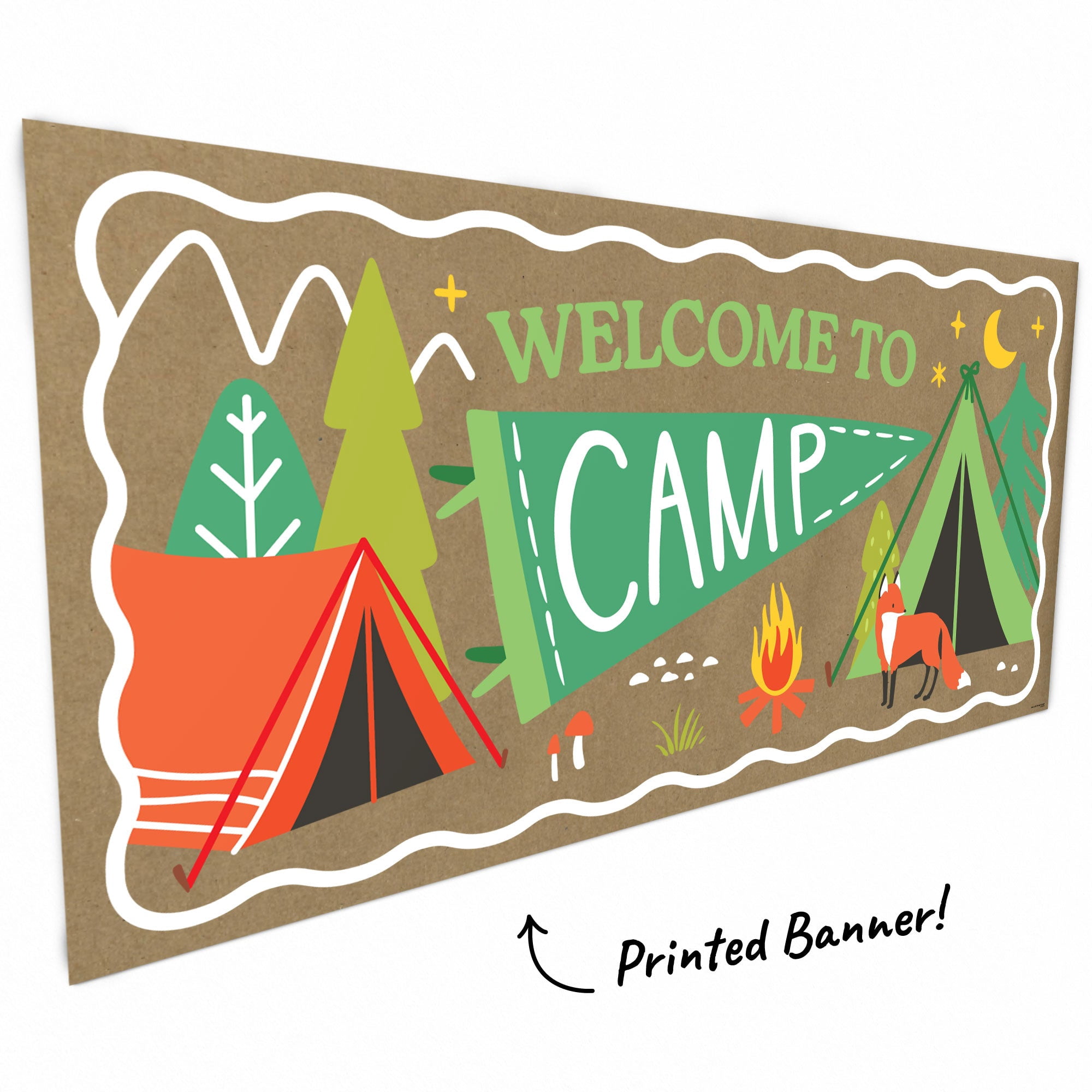 Big Dot of Happiness Camping Kraft Paper Banner, Happy Camper Kids Birthday Party Welcome Banner, Printed Brown Paper Party Sign Decoration – 1 Count