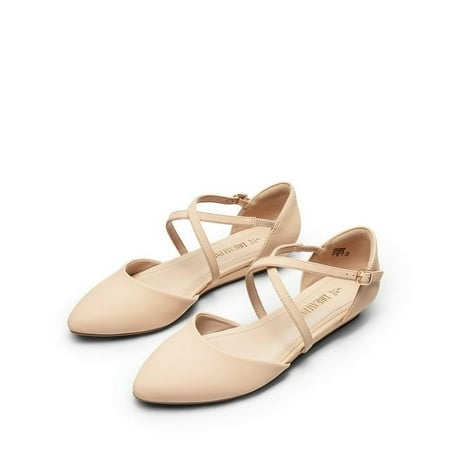 

Burudani Women s Pointed Toe Ballet Low Wedge Heeled Ankle Strap Flats Shoes Slip-on Dress Shoes NUDE-NUBUCK Size 7