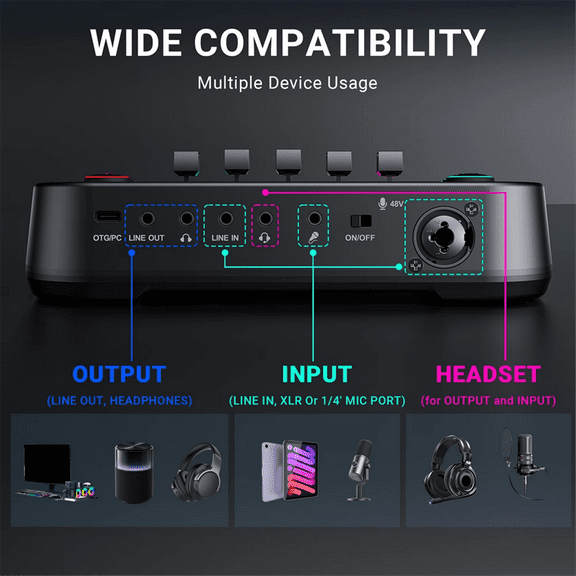 48V X1PRO Bluetooth Audio Mixer with M8 Microphone Voice Changer for Singing Audio Card Recording Game Audio Mixer,1 * sound card 1 * charging cable 1 * audio cable 1 * headphone,Black