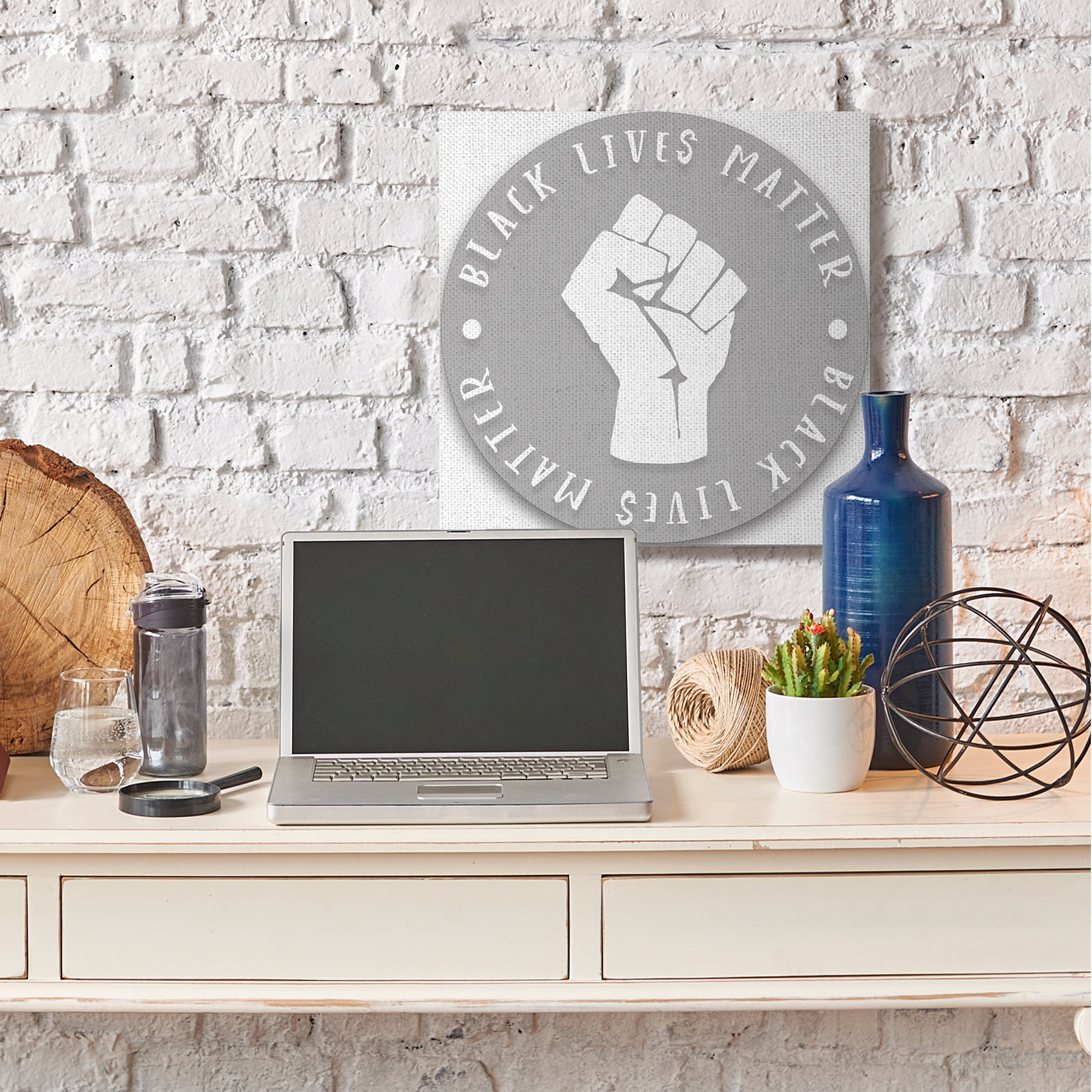 Stupell Industries Black Lives Matter Statement Grey Circle Fist Canvas Wall Art by Daphne Polselli
